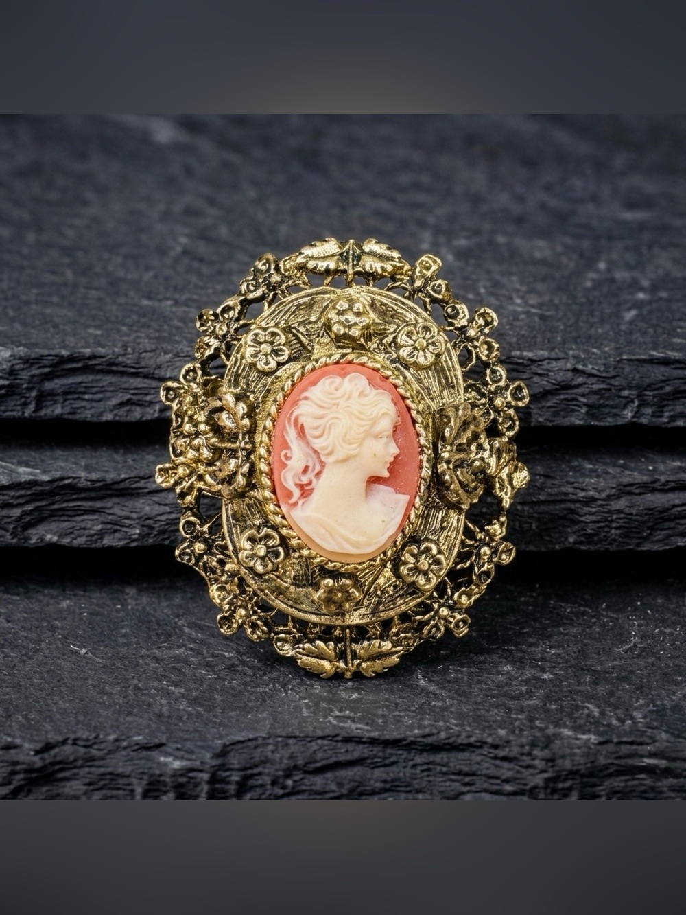 Vintage 70s Faux Coral Cream Resin Cameo Ornate Floral Gold Tone Brooch